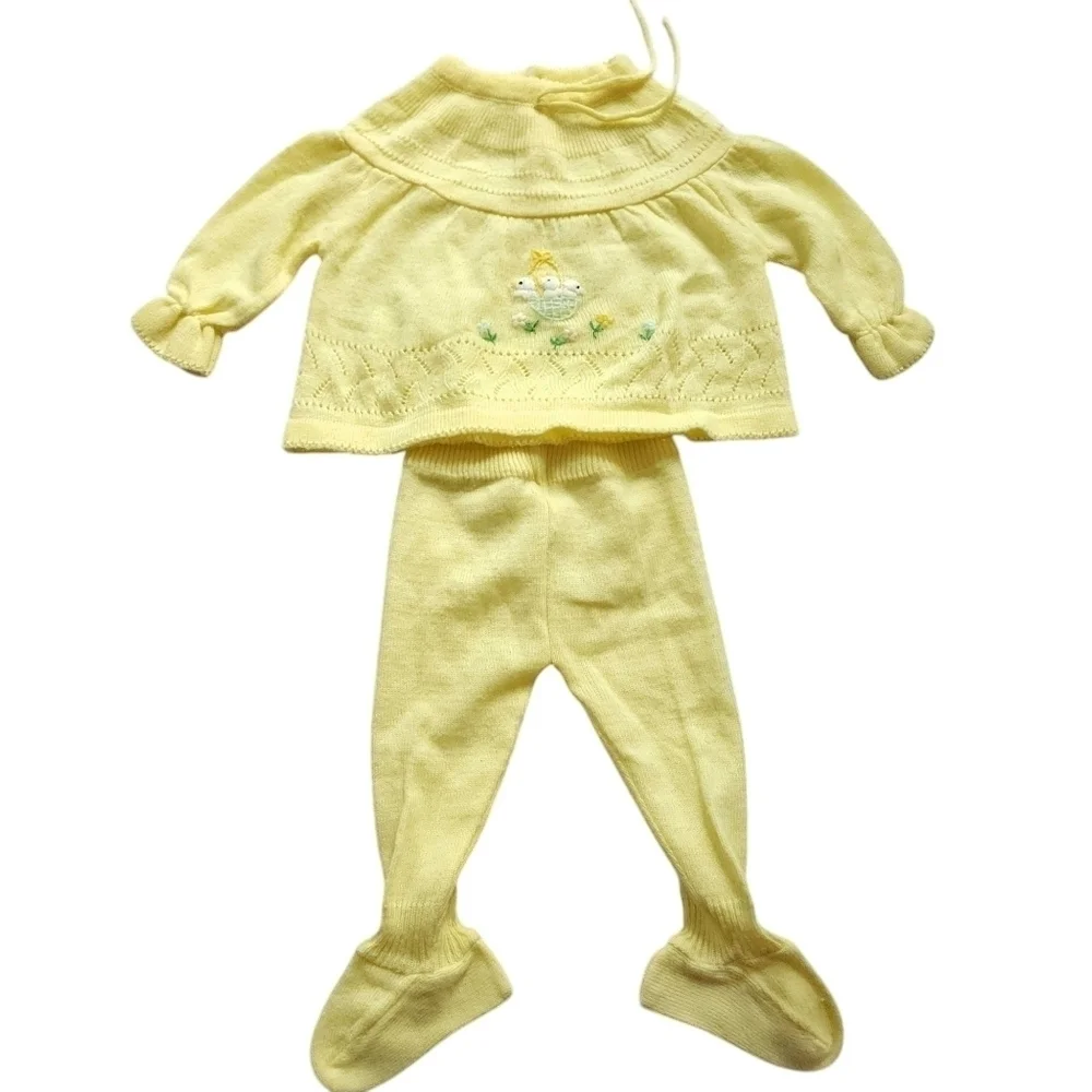 Vintage Yellow Knit Embroidered Chicks Easter 2 Piece Sweater Set 3 Mo